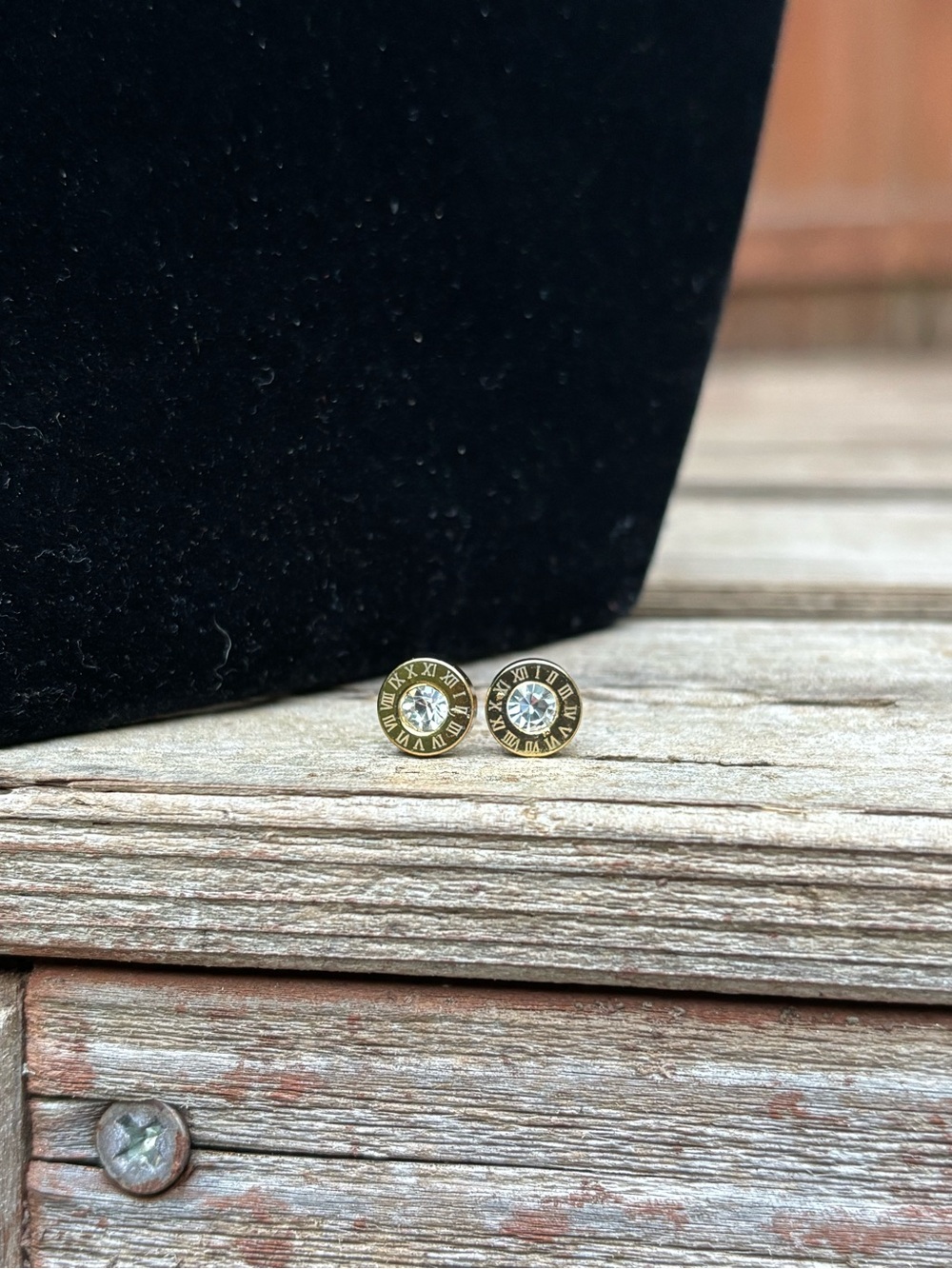 Gold-Tone Stud Earrings with Clear Crystal Accent (STAINLESS STEEL)